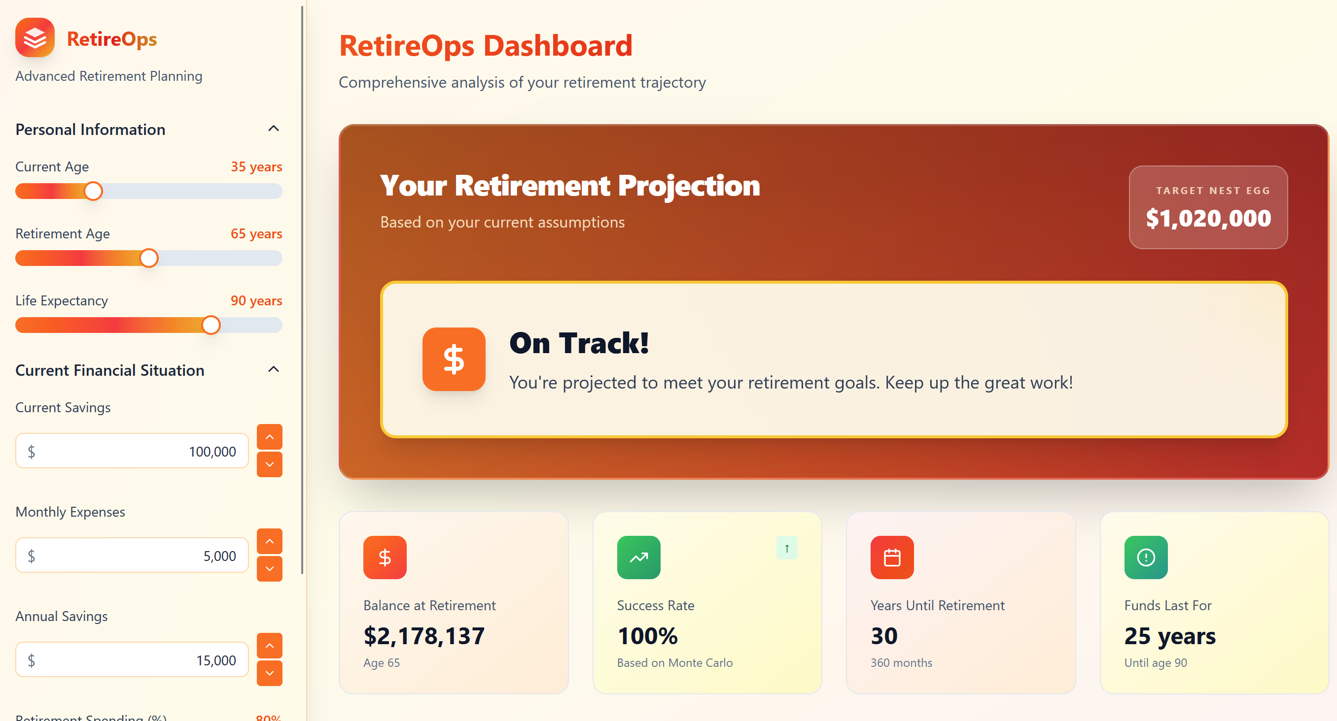 RetireOps Dashboard showing retirement planning interface
