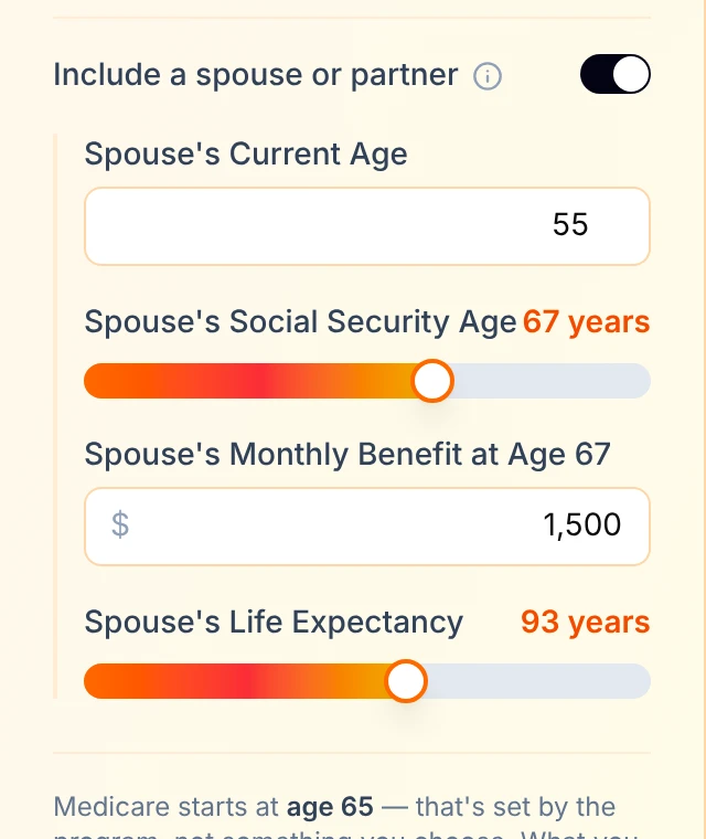 The calculator's spouse inputs: current age 55, Social Security age 67, a $1,500 monthly benefit at 67, and a life expectancy of 93.